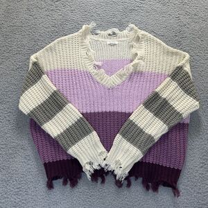 La Miel Sweater Womens Small/Med Cream Purple Gray V Neck Distressed Chunky Knit